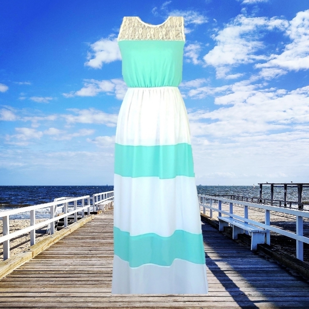 Y2K Vintage Maxi Dress Lace Bust White Turquoise Blue Color Block Dress - Picture 7 of 8